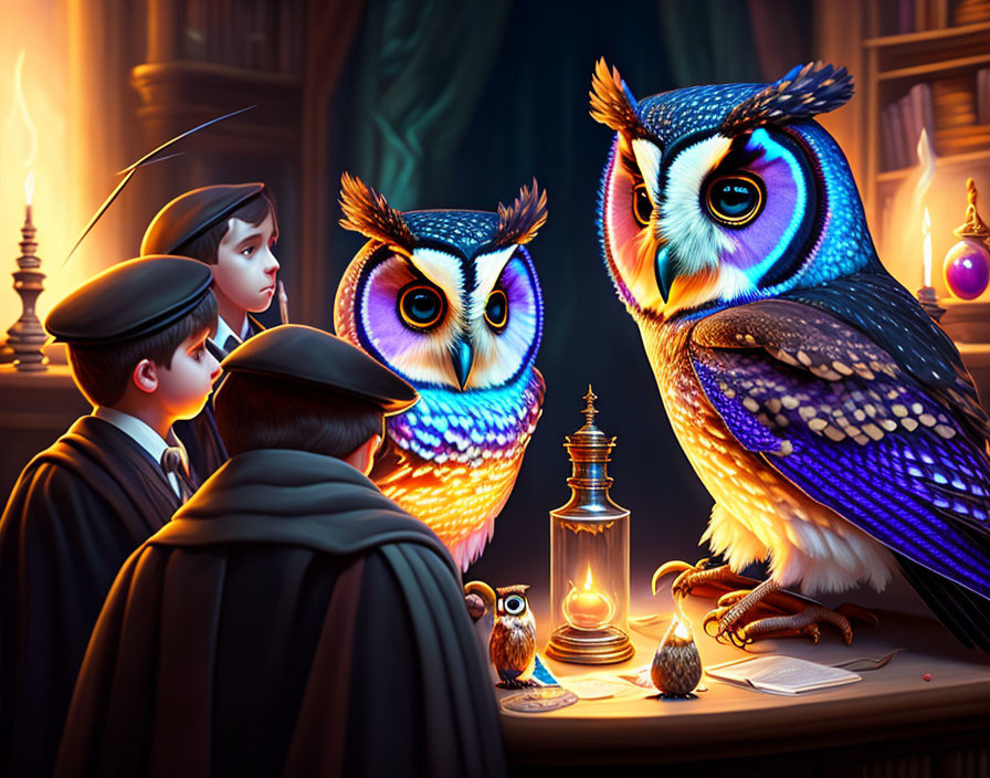 Illustrated scene: Two young wizards watching expressive owls in magical game