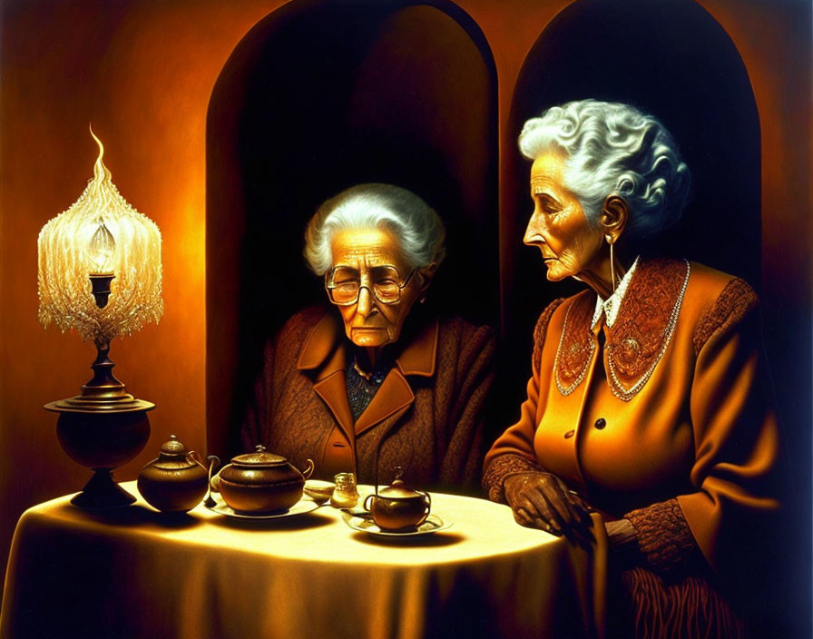 Elderly Women at Table with Teapot and Oil Lamp