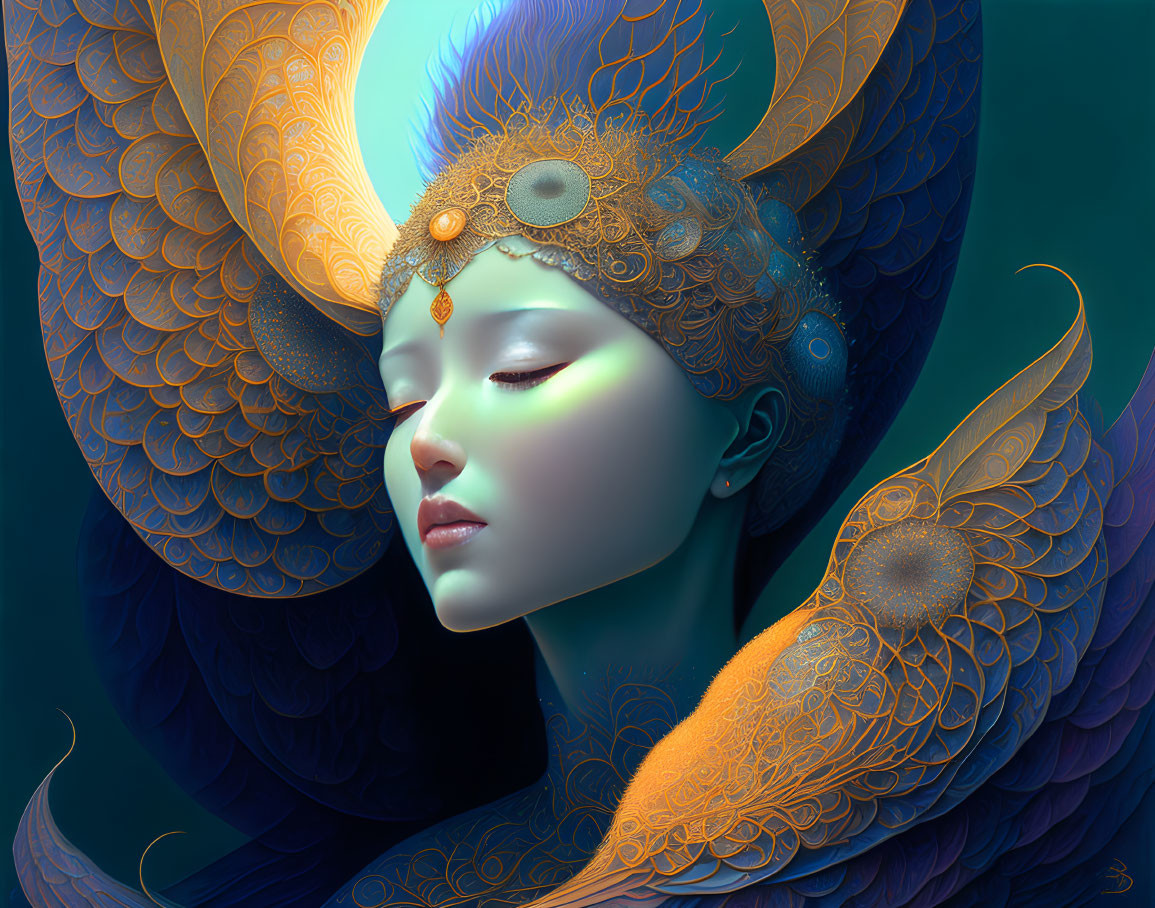 Elaborate blue, gold, and orange feathered headgear on serene woman