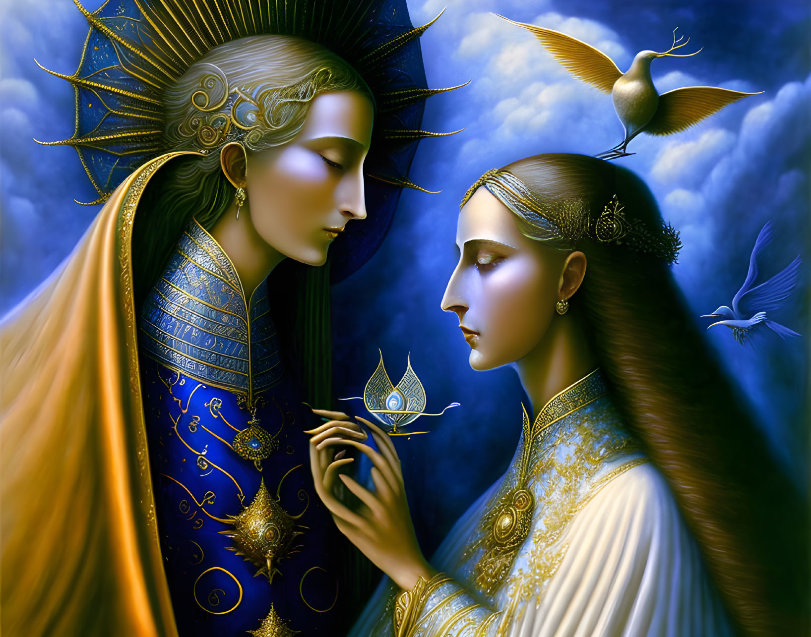 Ethereal beings with ornate headdresses and luminescent flower in digital art