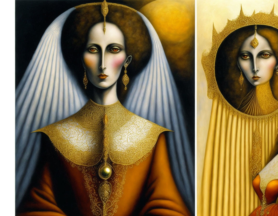 Surreal portraits of stylized women in golden attire against dark background