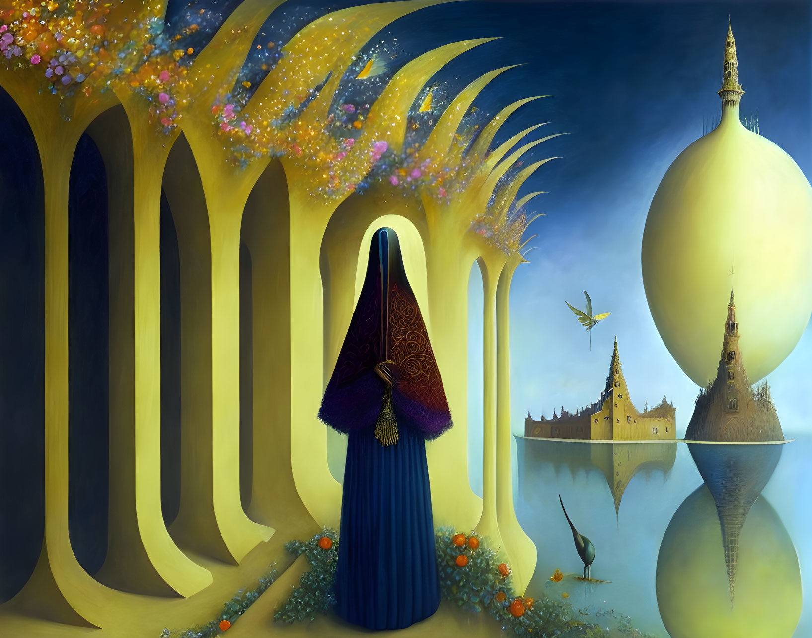 Person in Blue Cloak Amid Ethereal Landscape with Towering Spires