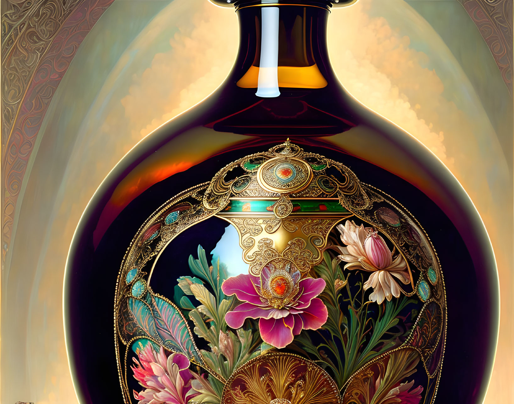 Intricately decorated glossy bottle with golden patterns and vibrant flowers