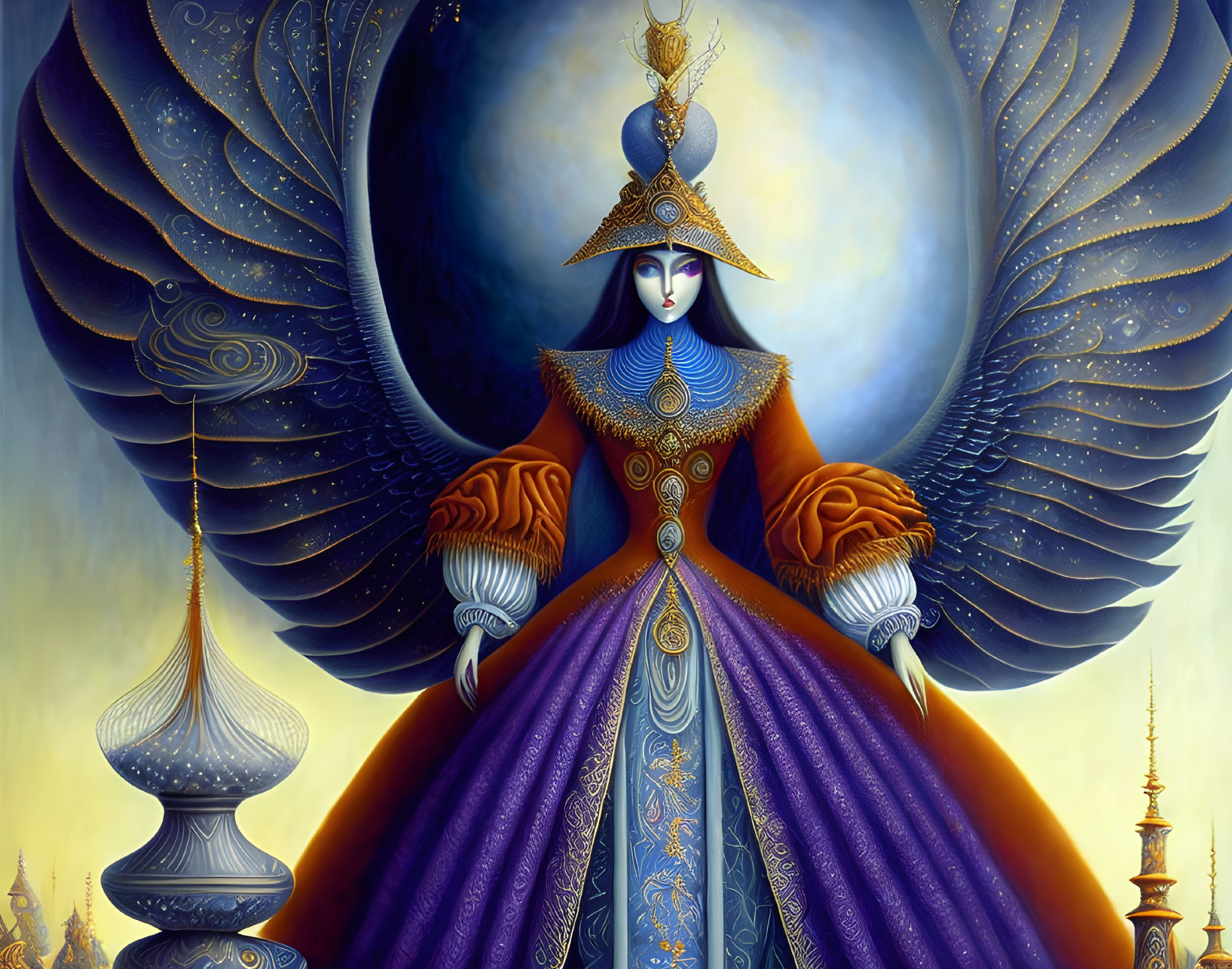 Regal winged female figure in ornate orange and purple attire against moonlit sky with minare