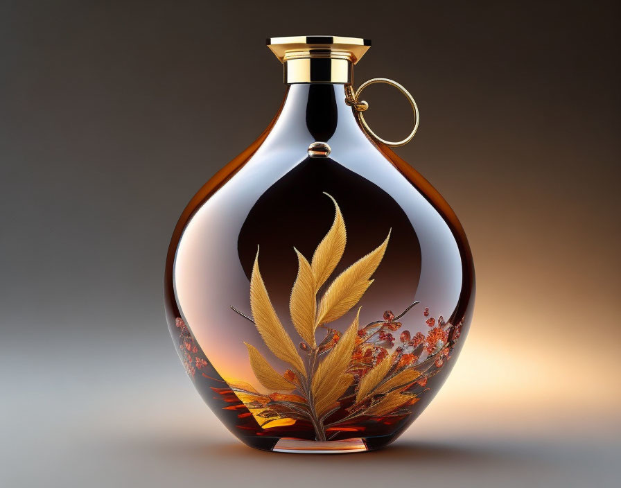 Round Glass Bottle with Gold and Red Leaf Designs on Gradient Background