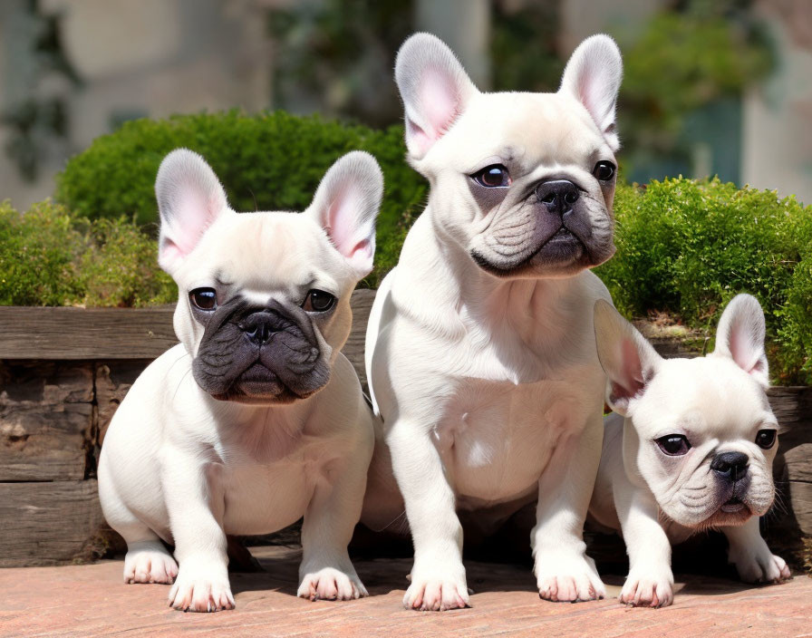 Three French Bulldog puppies sitting outdoors, one looking at the camera.