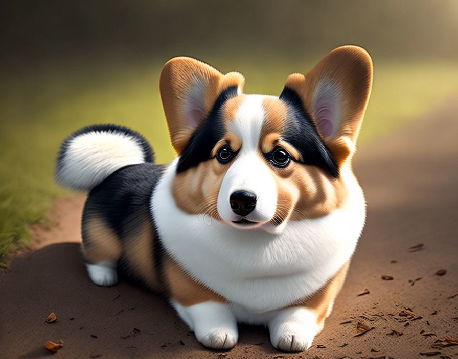 Tricolor Pembroke Welsh Corgi on Path with Fallen Leaves