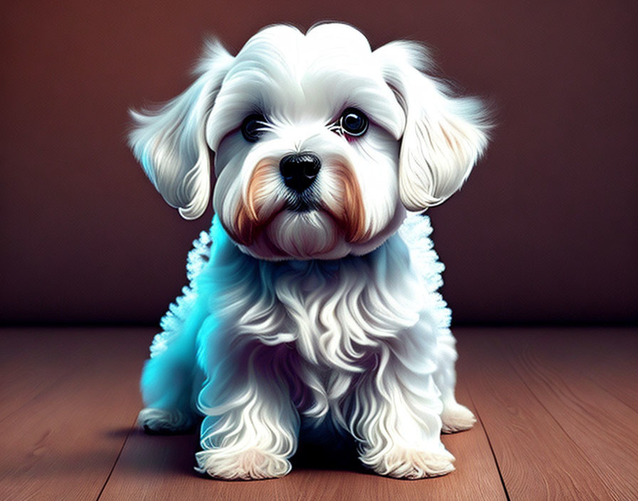 Fluffy White Dog in Blue Sweater on Wooden Surface