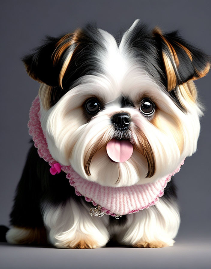 Fluffy black and white Shih Tzu in pink collar with tongue out