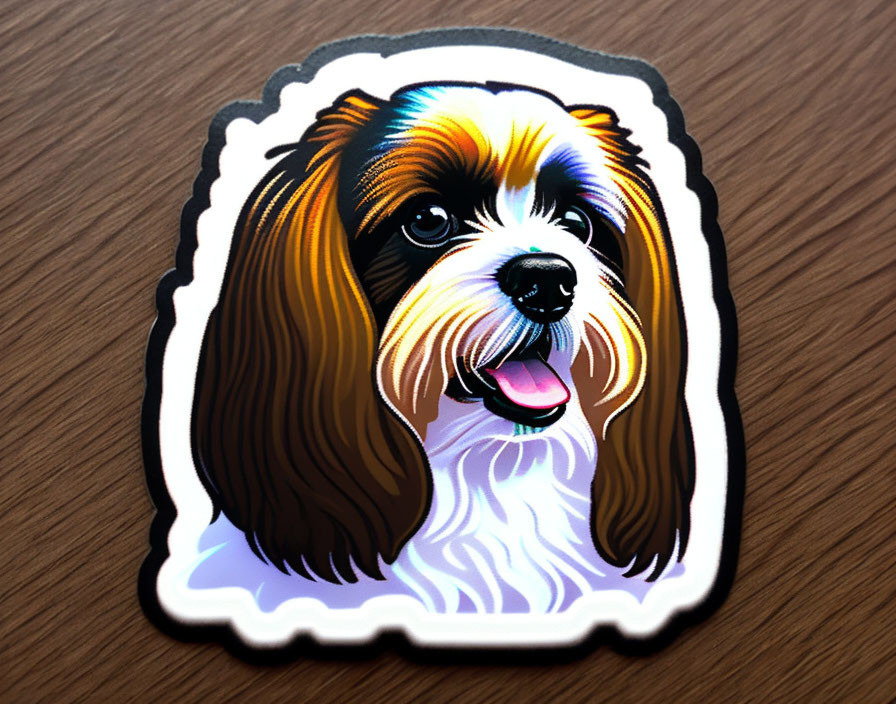 Cartoon dog sticker with brown and black fur on wooden surface