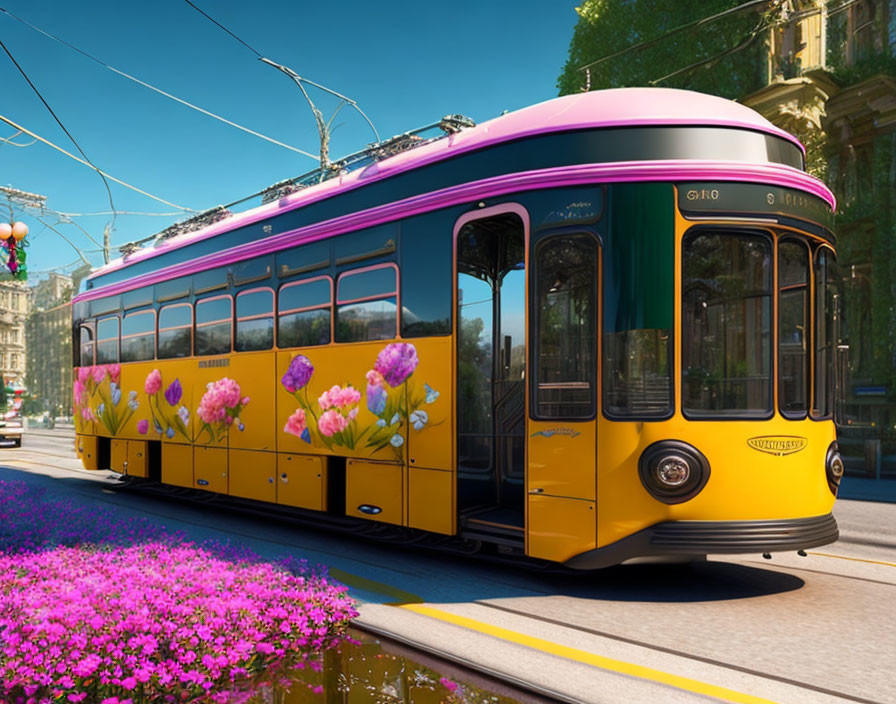 Colorful tram with tulip designs on city street amidst vibrant pink flowers