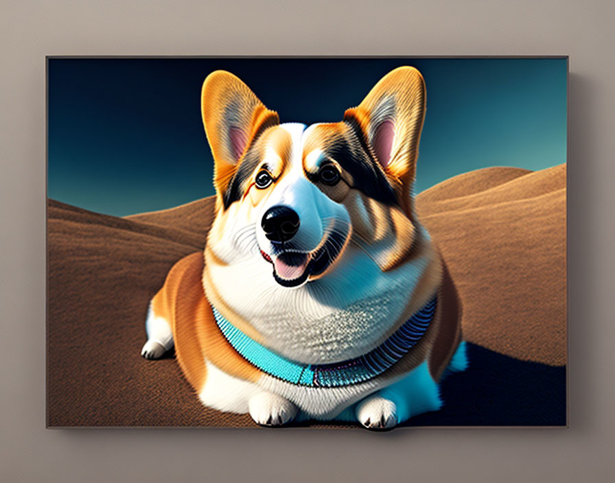 Smiling Corgi in Blue Collar on Desert Dunes Canvas