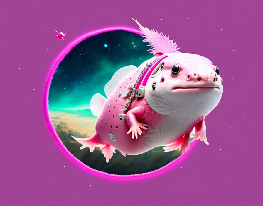 Pink Axolotl with Mechanical Parts Floating Through Starry Portal