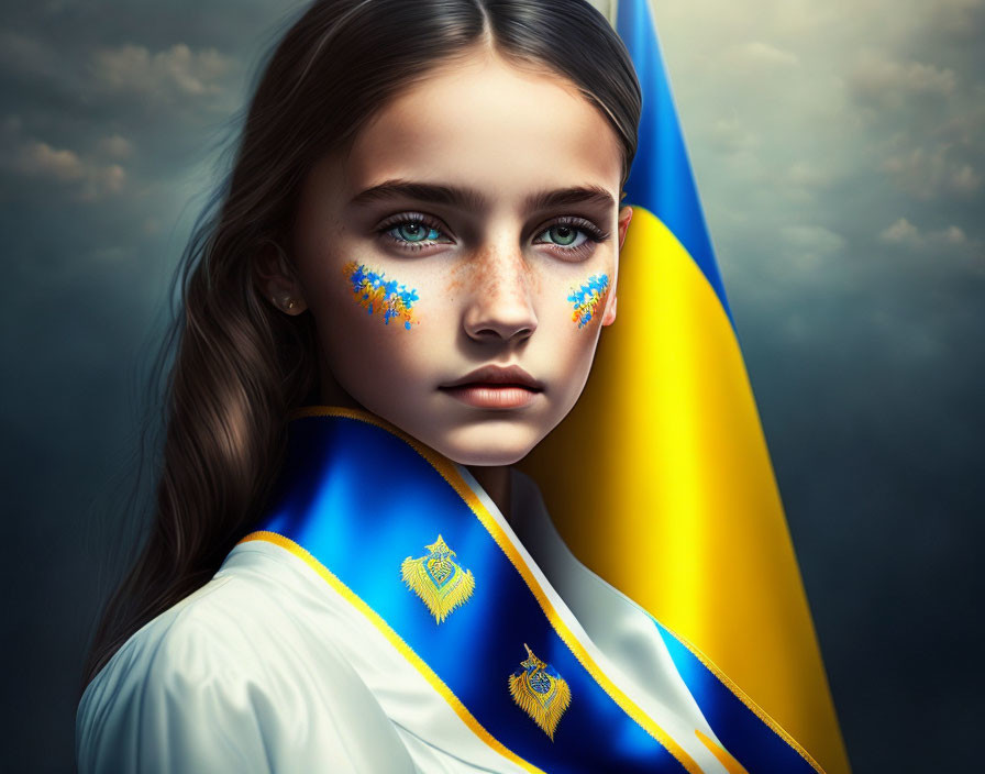 Portrait of young girl with blue eyes and ink-like face paint, draped in blue and yellow flag against