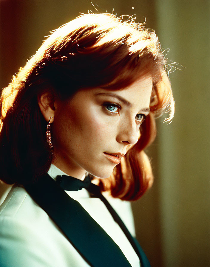 Auburn-Haired Woman in White Blouse and Black Tie Backlit by Sunlight