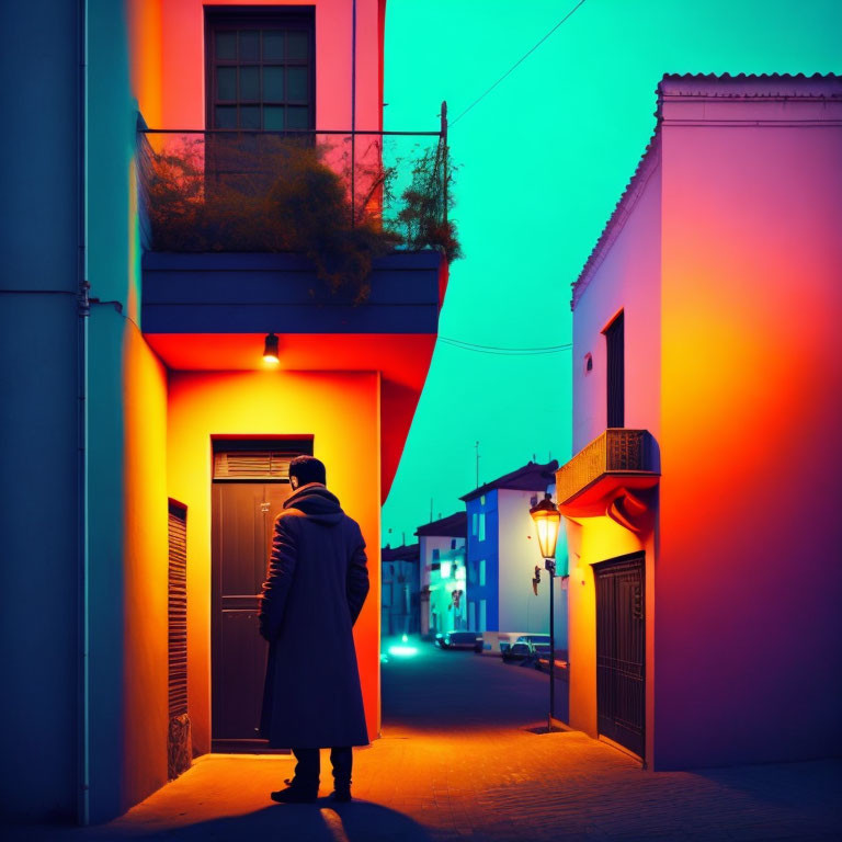 Person in coat in narrow alley with vibrant blue and orange lights & colorful buildings.