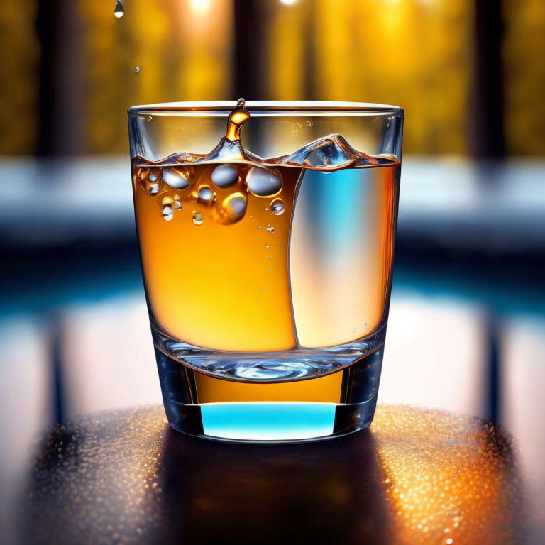 Amber whiskey glass with frozen splash and droplets on warm blurred background