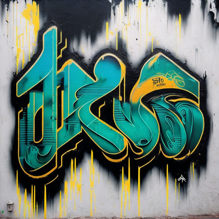 Colorful graffiti art with stylish lettering in blue and green hues.