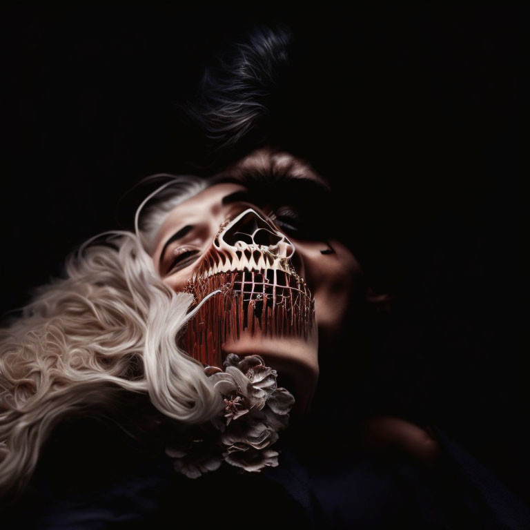 Person with Wavy Hair and Dark Makeup Lying Down with Skeletal Hand Prop