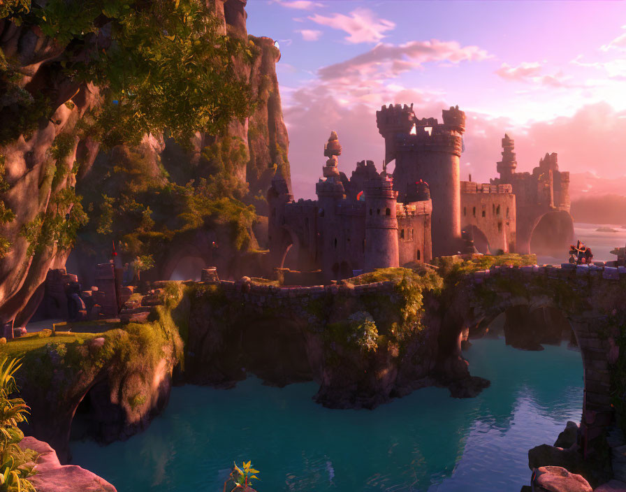 Fantastical castle on lush cliffs at tranquil sunset