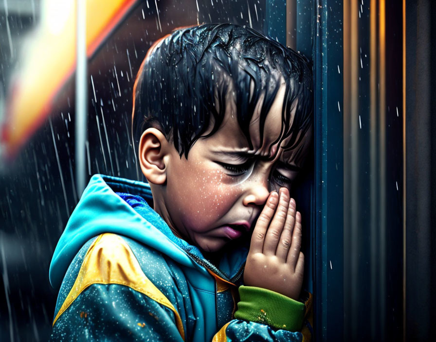 Child in Colorful Jacket Standing Sad in Rain