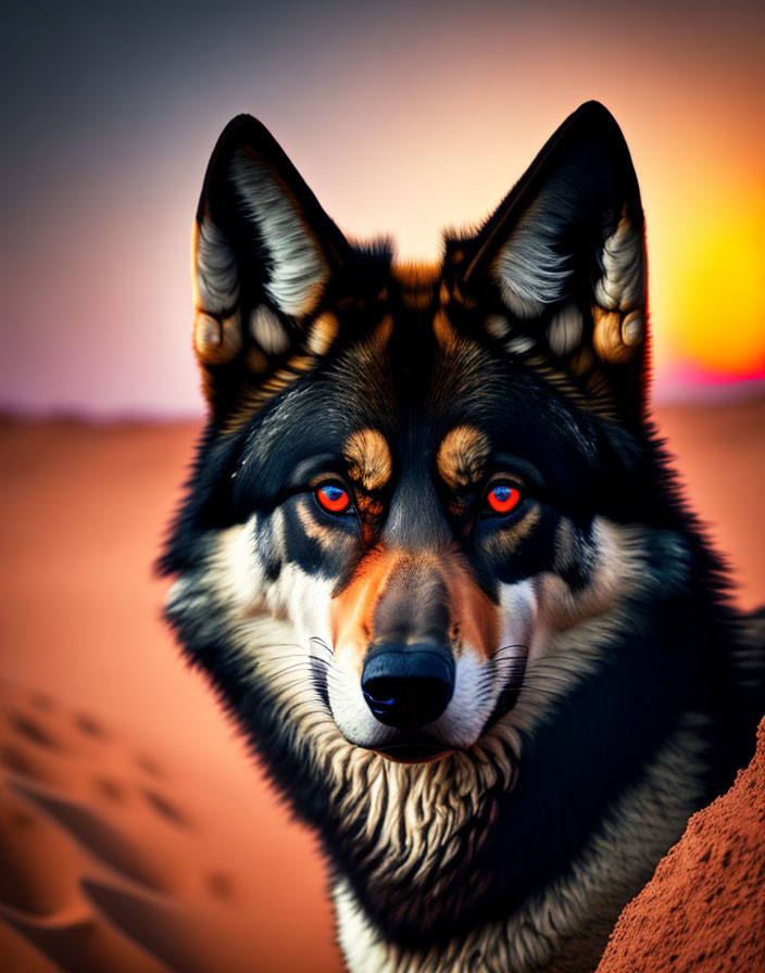 Wolf with Red Eyes in Sunset Desert Landscape