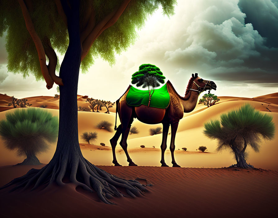 Camel with Green Saddle in Desert Landscape with Sand Dunes and Tree