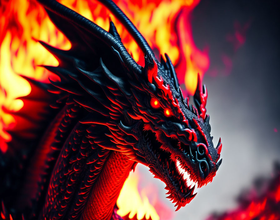 Black and Red Dragon with Glowing Eyes on Fiery Background