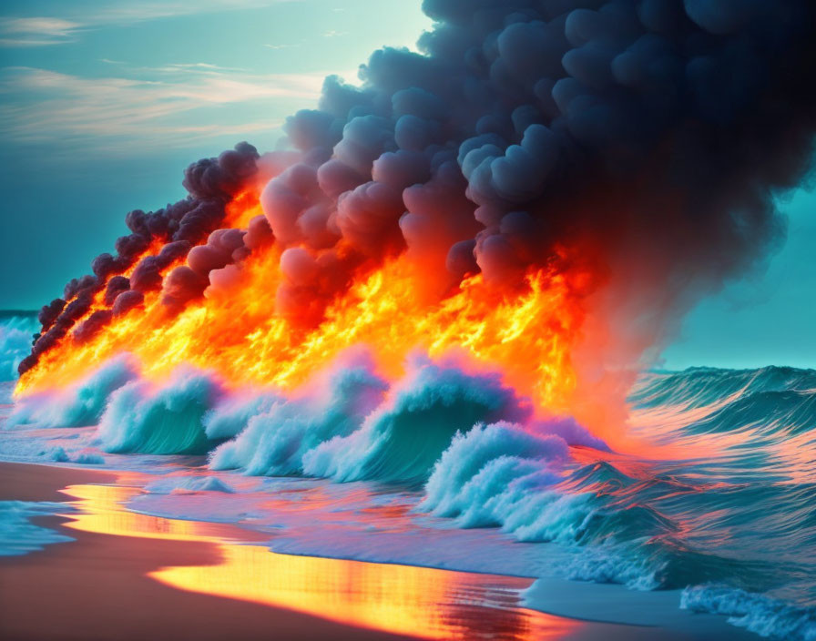 Fiery lava flowing into ocean at twilight