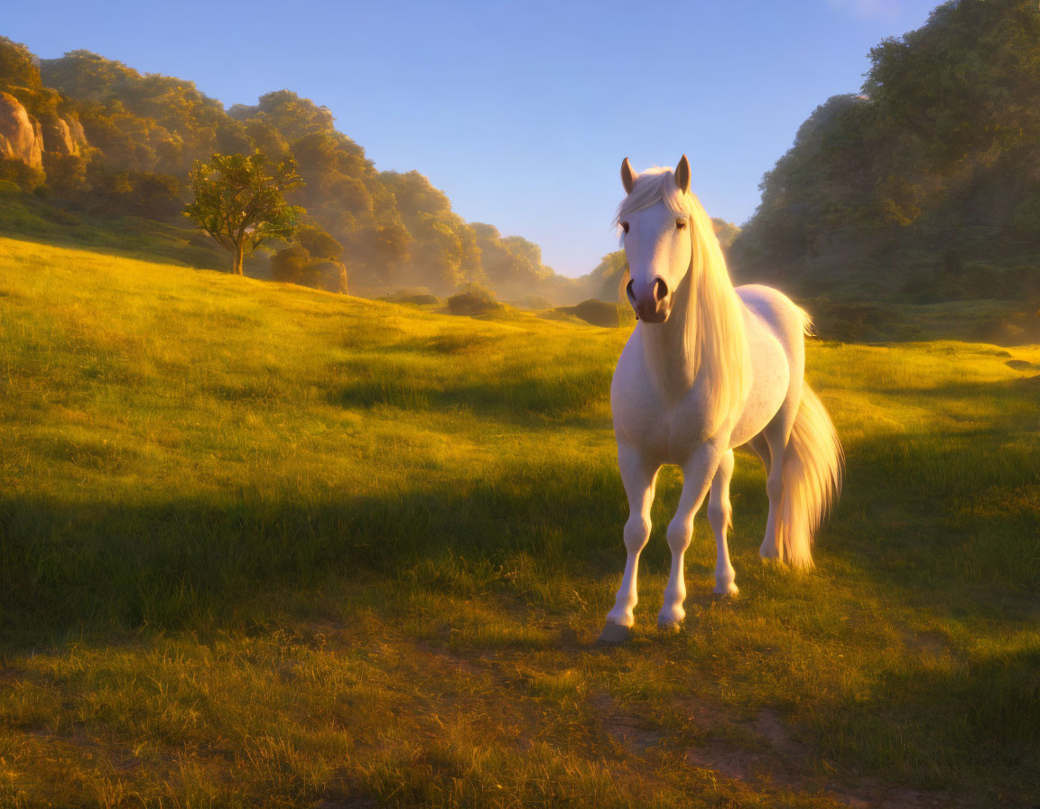 White Horse in Sunlit Meadow with Trees and Golden Light