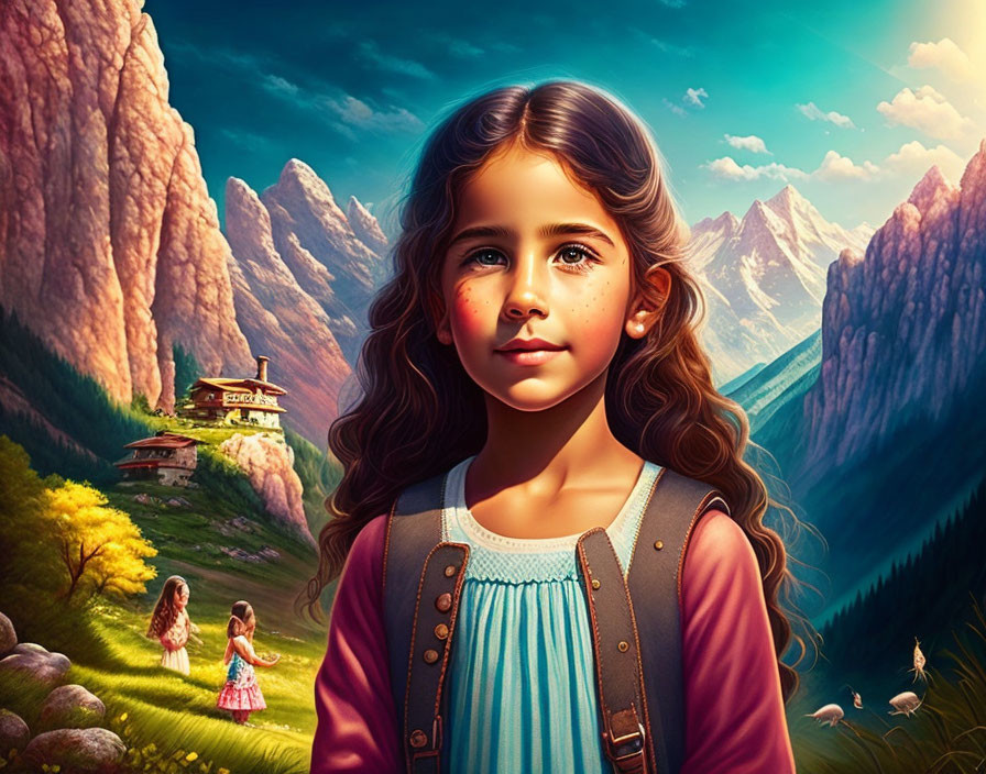 Digital artwork featuring young girl, alpine valley, wooden house, mountain peaks under clear sky