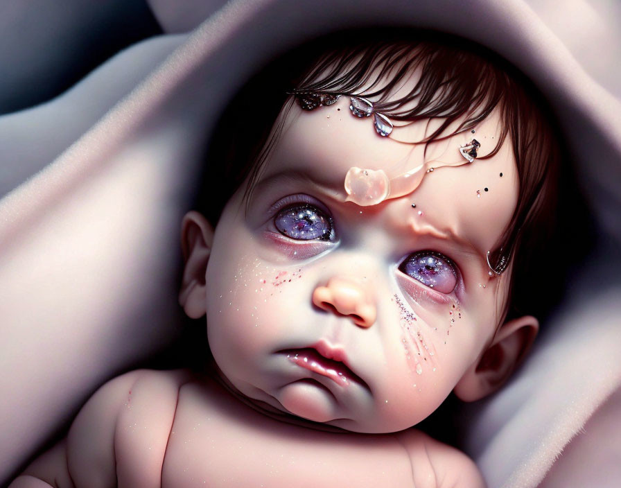 Digital Artwork: Baby with Teary Eyes & Galaxy Reflection, Wrapped in Blanket