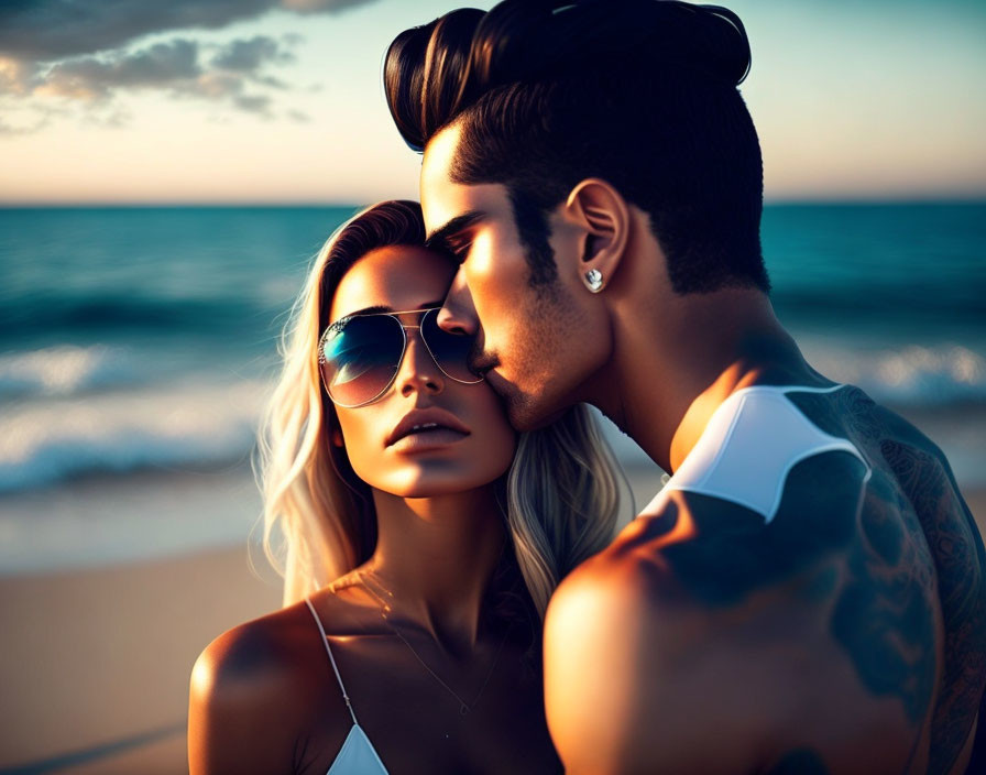 Affectionate Couple Whispering on Beach at Sunset