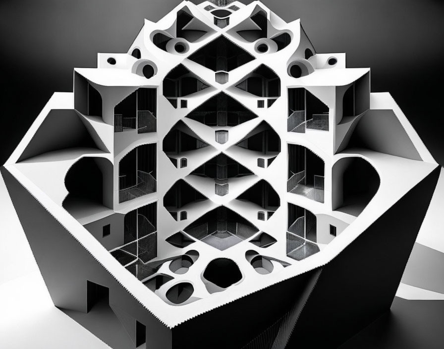 Abstract black and white cubic structure with intricate geometric patterns