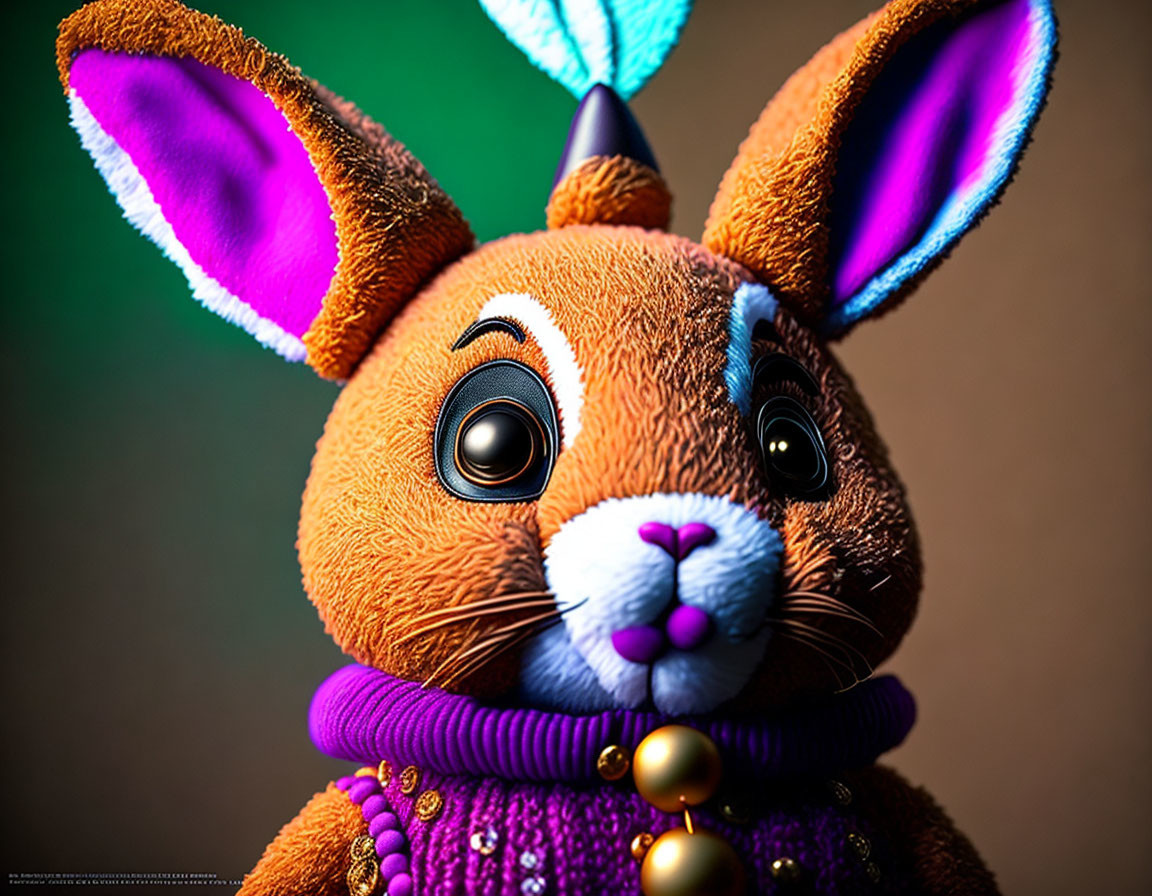 Colorful Anthropomorphic Bunny Toy with Oversized Eyes in Purple Sweater