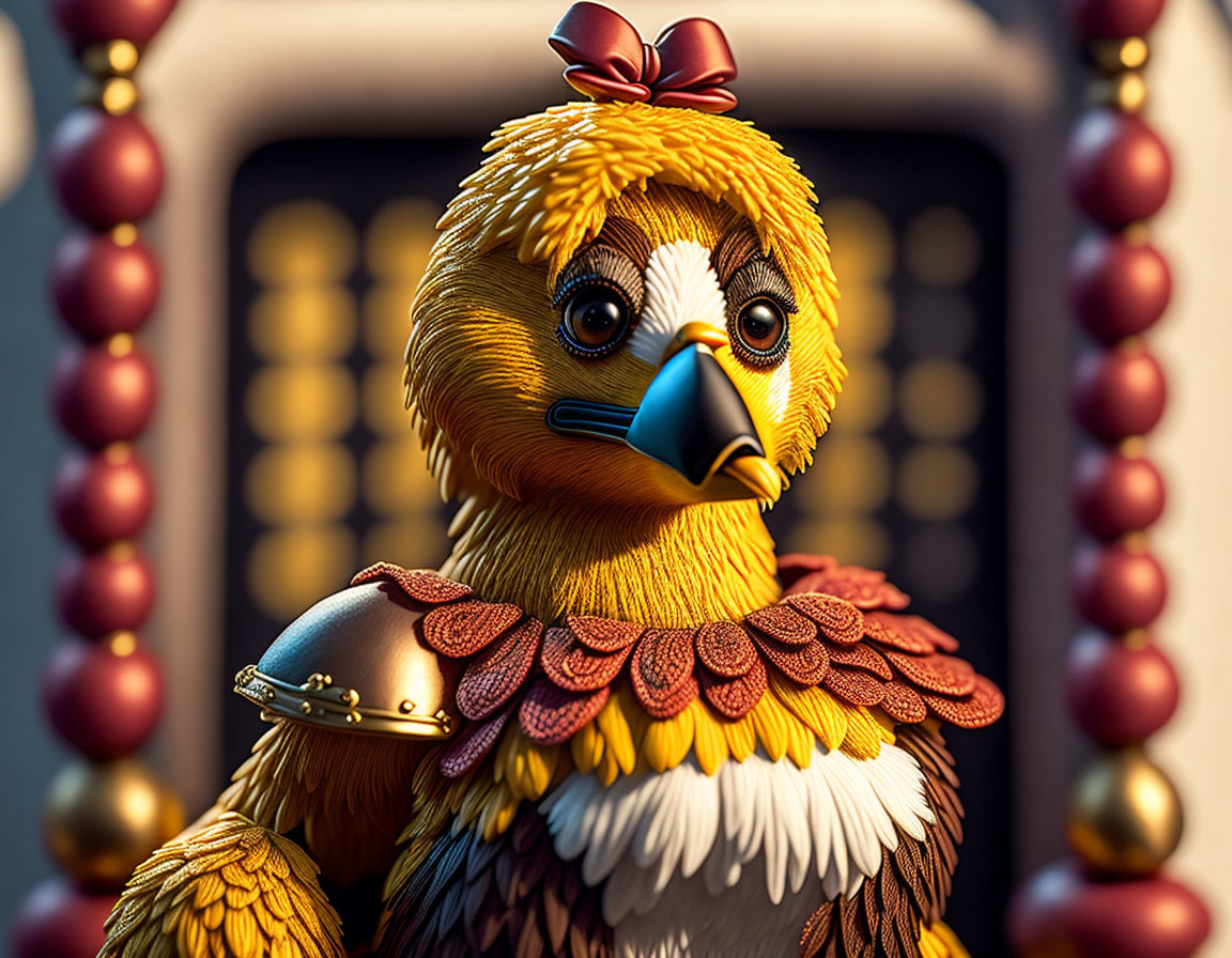 Anthropomorphic bird with golden feathers and armor in 3D render