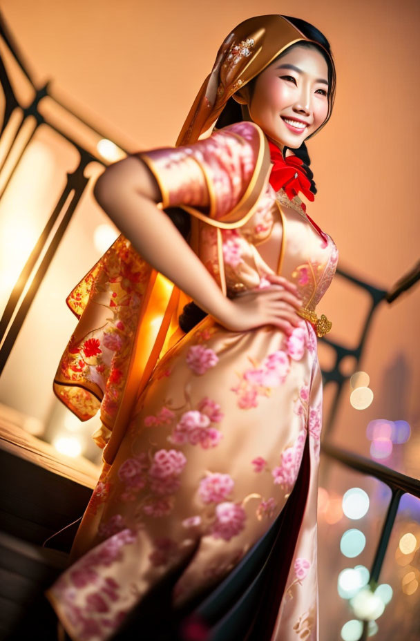 Smiling person in traditional Asian attire against night cityscape