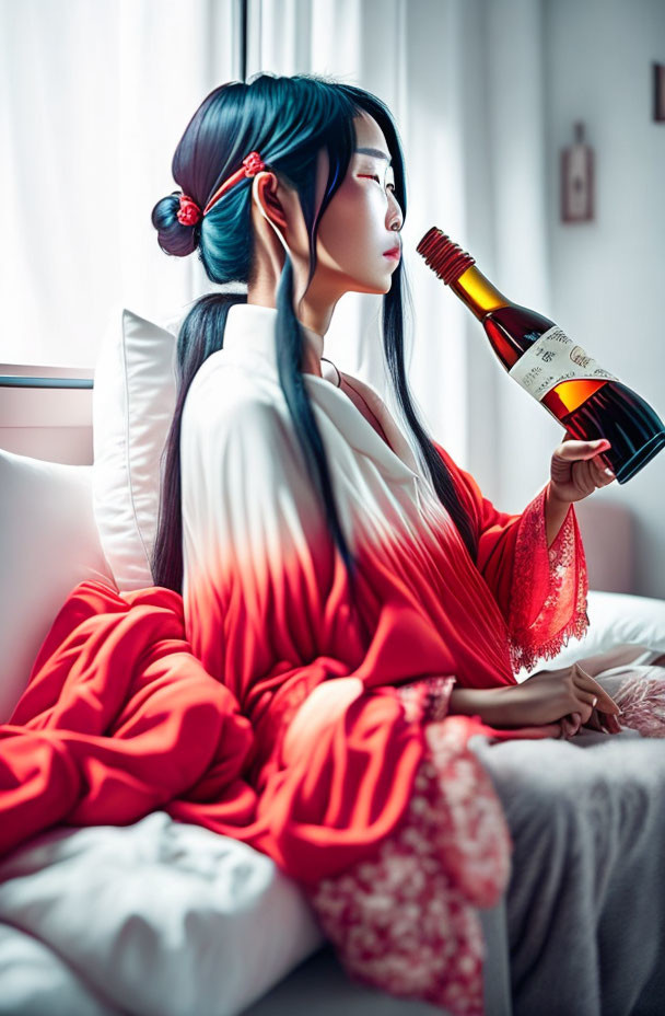 Traditional Asian Attire Figure Holding Liquor Bottle by Window