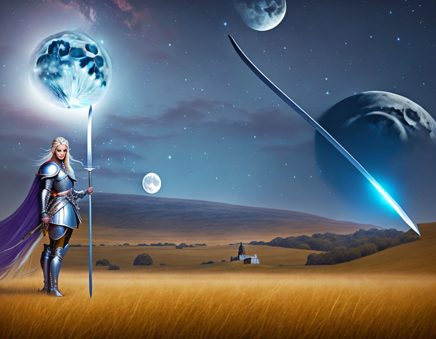 Female warrior in armor with spear in surreal landscape under multiple moons and glowing blue object