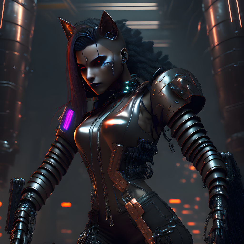 Female Cyborg with Cat-like Features in Black Bodysuit and Purple Glowing Accents on Industrial