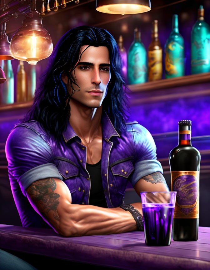 Stylized digital illustration of man with long black hair and tattoos at bar