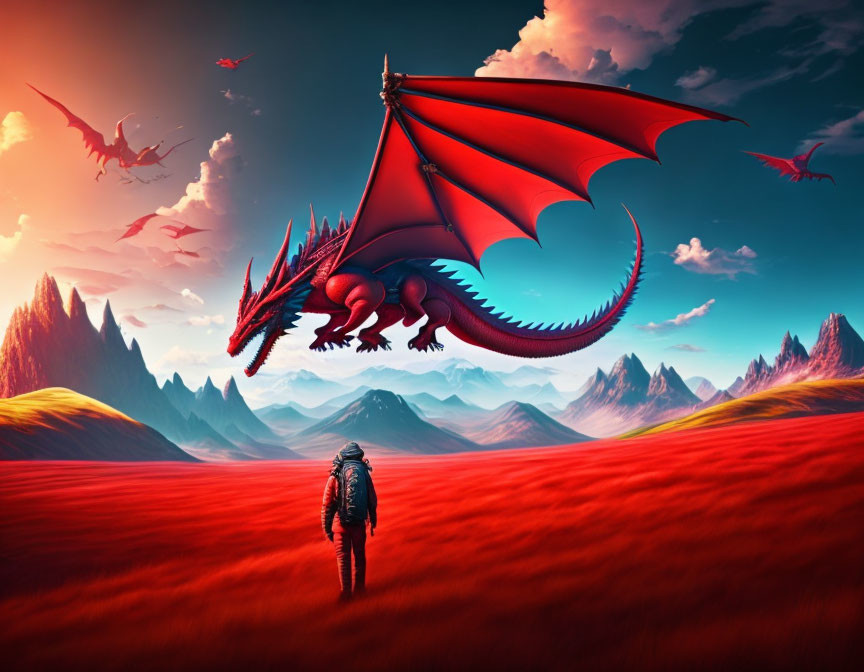 Person facing flying dragon in red field with mountains and red sky