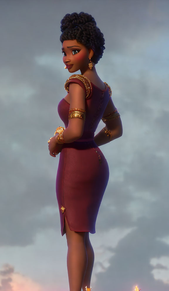 Animated character in purple dress with gold accents against cloudy sky