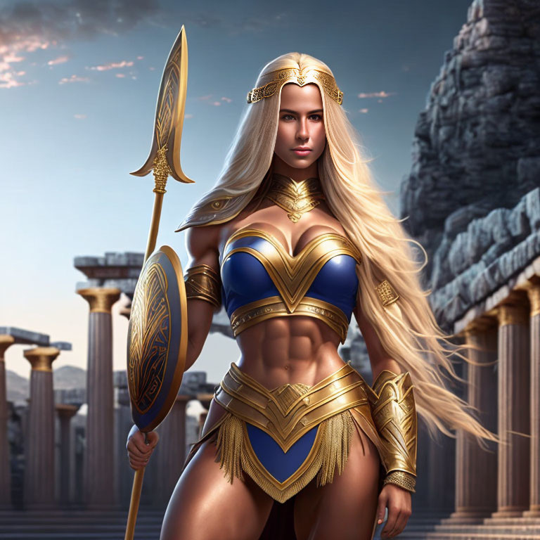 Warrior woman in blue and gold armor with spear near stone pillars