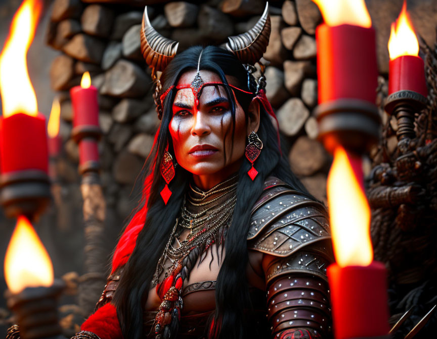 Person in fantasy warpaint and horned headpiece surrounded by candles.