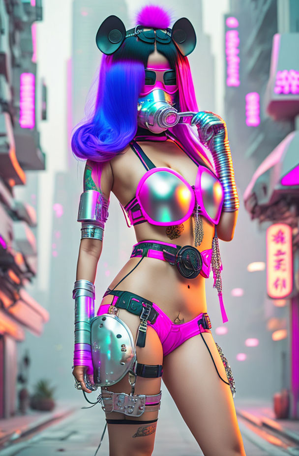 Futuristic female character with blue hair and cybernetic limbs in neon-lit urban alley