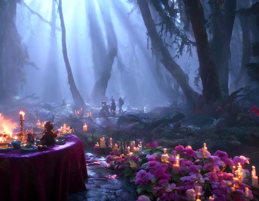 Enchanted forest with mystical light, decorated table, and silhouetted figures