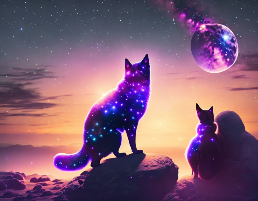 Ethereal cats with cosmic patterns gazing at celestial body on rocky terrain