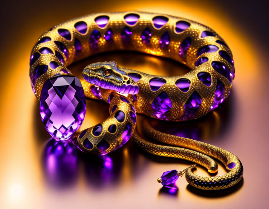 Luxurious golden snake bracelet with purple gemstones and amethyst on warm amber background