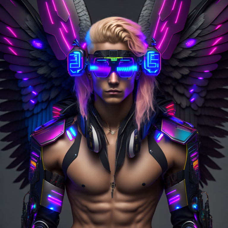 Neon-lit cybernetic figure with angelic wings and visor glasses on grey background